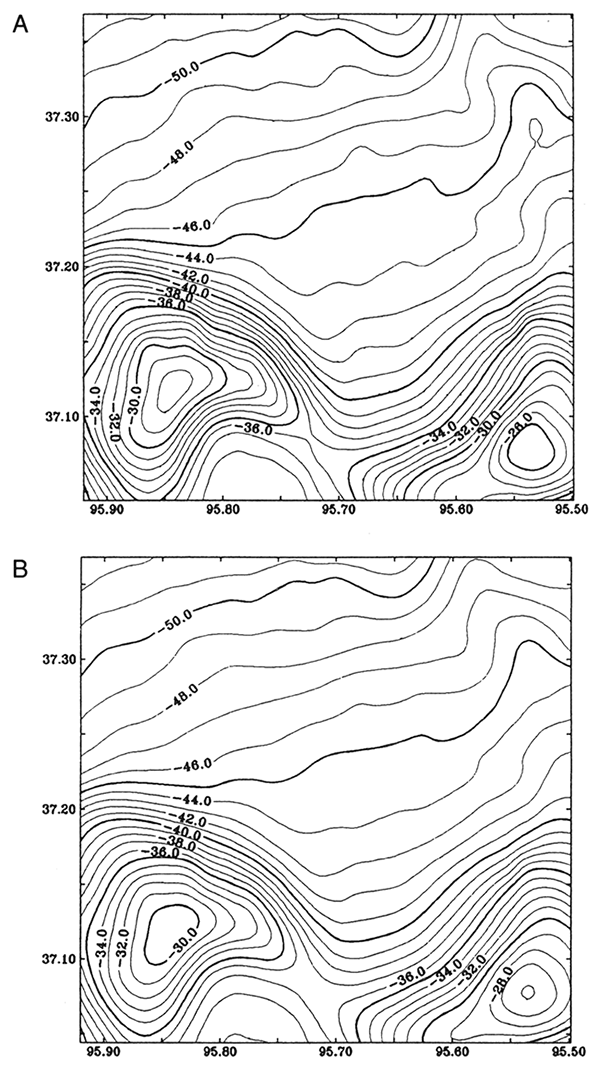 Top: Bouguer anomaly in Montgomery County, Kansas; Bottom: Topographically corrected Bouguer anomaly on the level 700 m above sea level.