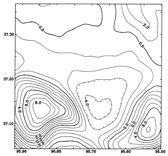 Residual gravity anomaly. Contour interval is 1 mGal.