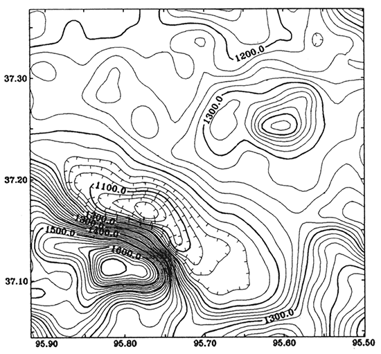 Aeromagnetic anomaly in Montgomery County, Kansas; contour interval is 20 nT.