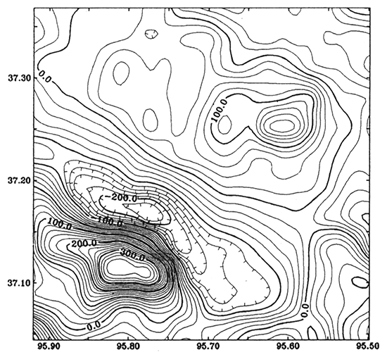 Residual magnetic anomaly. Contour interval is 20 nT.