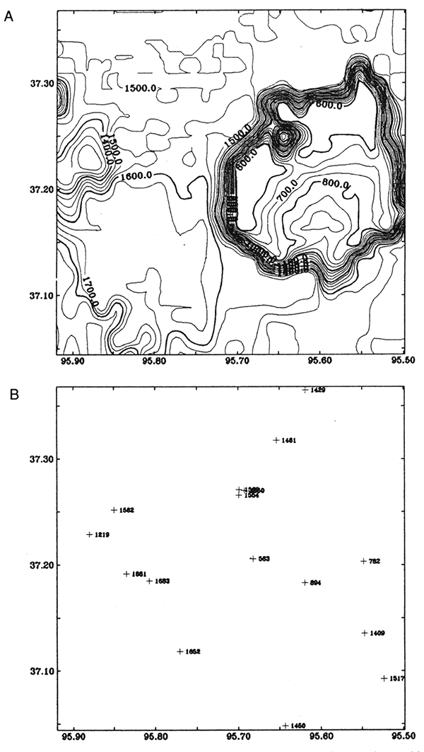 Model of depth to the Precambrian basement. Contour interval is 50 ft; lower map is of well locations.
