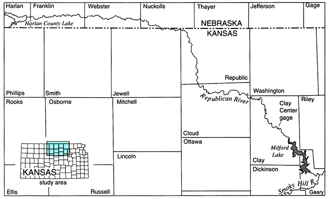 Map shows location of Milford Lake and drainage area in north-central Kansas.