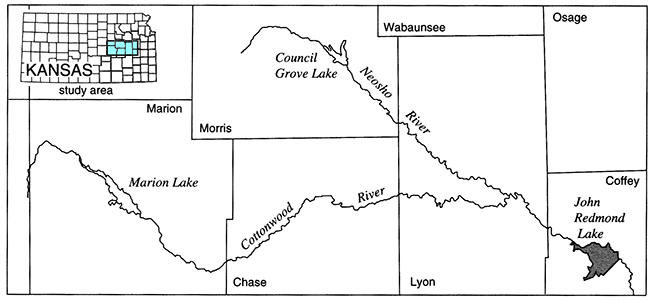 Map shows location of John Redmond Lake and drainage area in east-central Kansas.