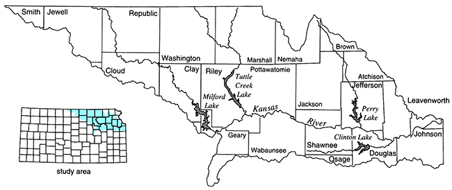 Map shows location of reservoirs in Kansas-Lower Republican river basins in northeast Kansas.