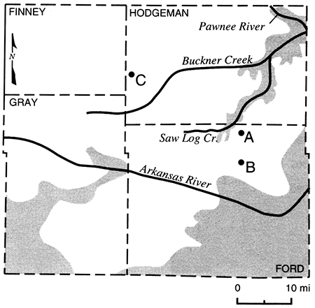 Wells A and B in NW Ford County between Saw Log Creek and Arkansas River; well C in SW Hodgeman County near Buckner Creek.