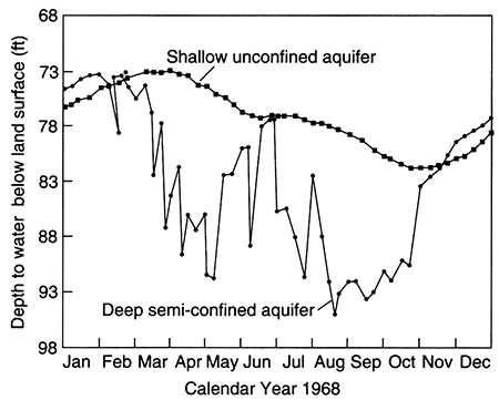 Hydrograph of a shallow wells in unconfined aquifer and deeper well in semi-confined aquifer.