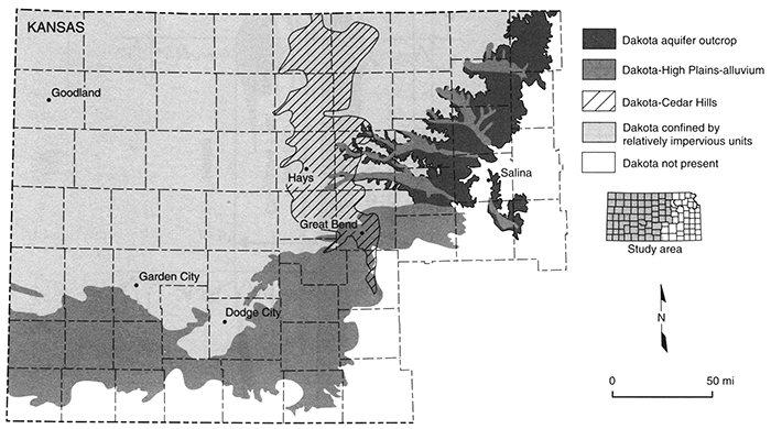 Map shows Dakota aquifer presnt in much of Kansas west of Salina; connections between Dakota and Cedar Hills in area from Great Bend north to Nebraska border.