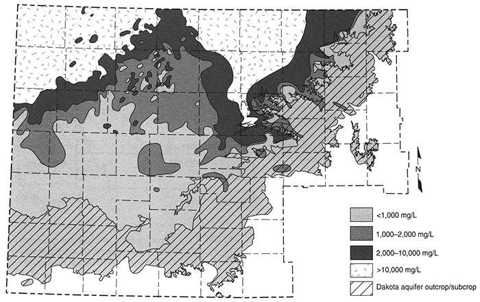 Total dissolved solids higher in northern part of aquifer in Kansas, lower in southers and eastern parts.