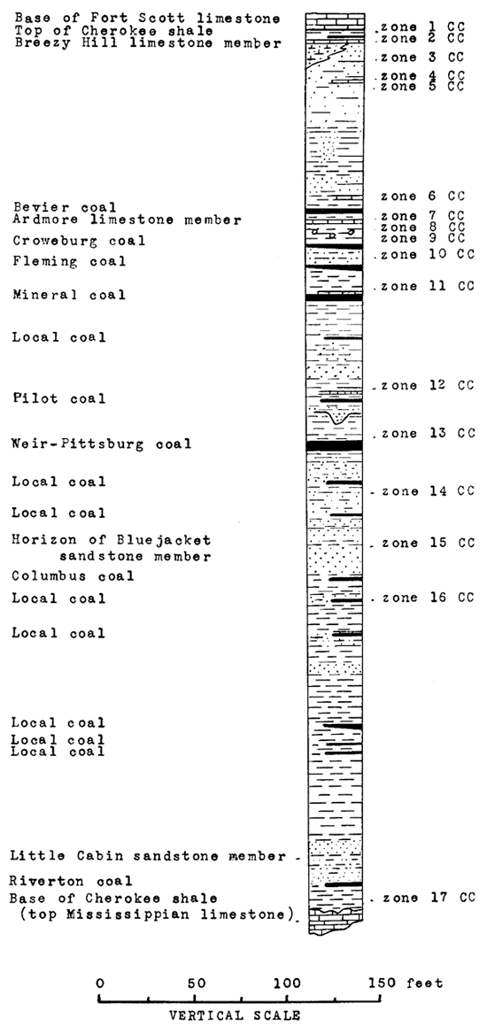 Stratigraphic column for Cherokee Shale, from top of Mississippian limestone at base to base of the Fort Scott Limestone at the top.