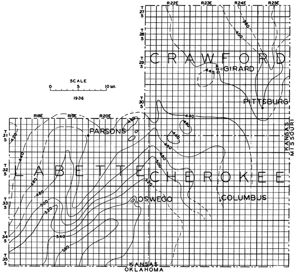 Cherokee shale is 580 ft thick in southern Labette, dropping to 440 ft thick in northern Labette and northern Cherokee; drops to the NE to 380 ft thick in NE Crawford Co.; not present in SE Cherokee.