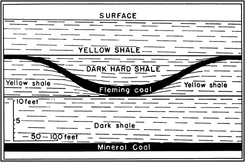 Fleming coal in depression; dark hard shale above and yellow shale below;  with more dark shale between Fleming zone and Mineral coal below.