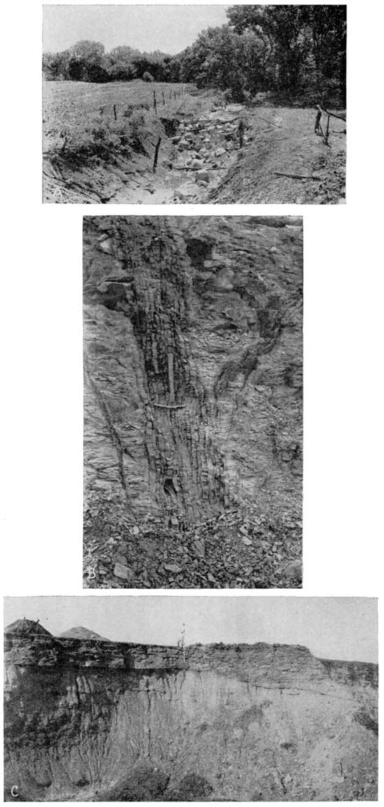 Three black and white photos; top shows limestone eroding in small arroyo; middle shows vertical weathering in Squirrel sand; third shows resistant sandstone bed on shale in a coal mine.