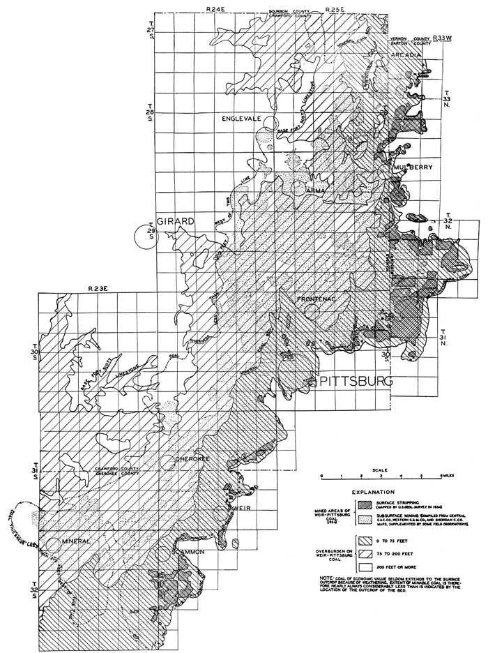 Map of the Weir-Pittsburg coal bed; a larger PDF version is available.