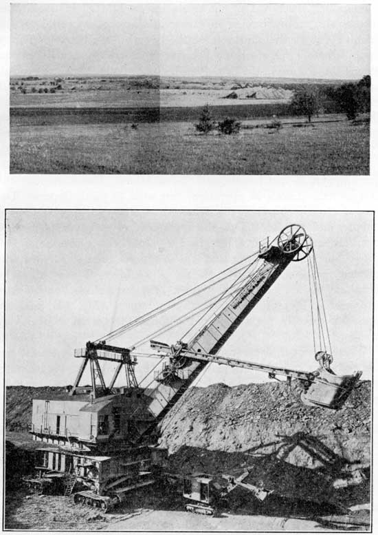 Two black and white photos; top is a landscape of an area recently mined for coal; bottom photo is of very large electric shovel used for mining next to normal, small-looking steam shovel.