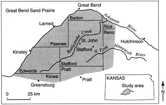 Location of major towns, county boundaries, and tributaries on the Great Bend Sand Prairie.