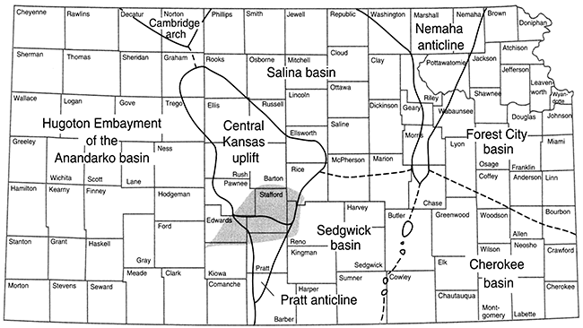 Structural elements of Kansas portraying the position of the Great Bend Sand Prairie relative to the Central Kansas uplift and Pratt anticline.