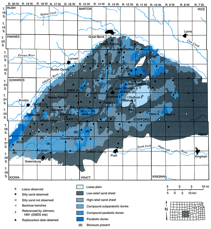 Generalized landform classes and study sites on the Great Bend Sand Prairie.