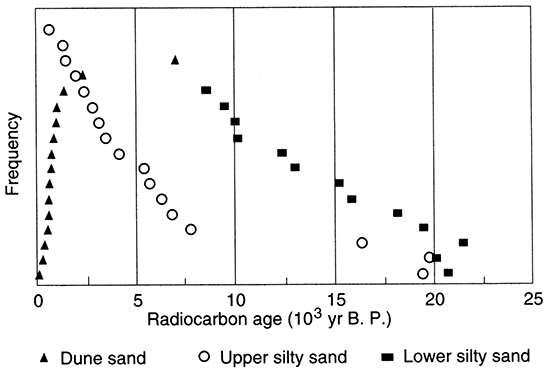 Radiocarbon ages and stratigraphic position on the Great Bend Sand Prairie.