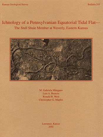 Cover of the book; black and white photo of Cruziana problematica, brown paper, red text.