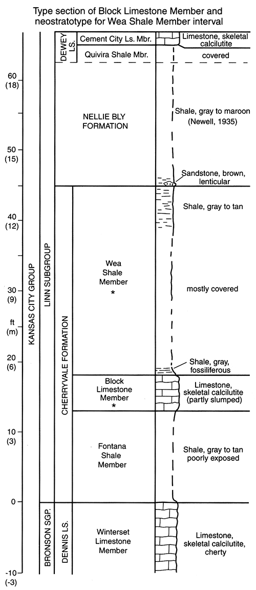 Measured section of neostratotype for Wea Shale Member interval, Block Limestone Member type section, and associated units.