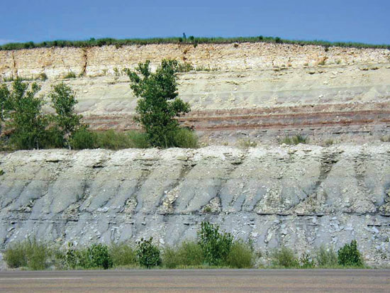 Color photo of roadcut with Florence Ls Mbr and Blue Springs Sh Mbr exposed.