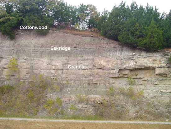 Color photo of roadcut, cedars and brush at top; with Cottonwood Ls Mbr of Beatie Ls; Eskridge Sh; Grenola Ls.