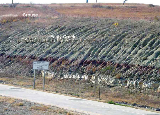 Color photo of roadcut, Crouse Ls, Easly Creek Sh, and Middleburg Ls Mbr of of Bader Ls.