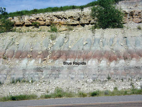 Color photo of roadcut, Funston Ls and Blue Rapids Sh.