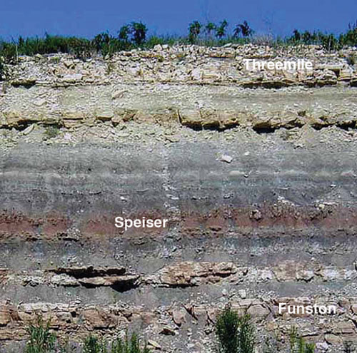 Color photo of roadcut, Threemile Ls Mbr of Wreford Ls, Speiser Sh, and Funston Ls.