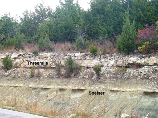 Color photo of roadcut; Threemile Ls Mbr of Wreford Ls above Speiser Sh.