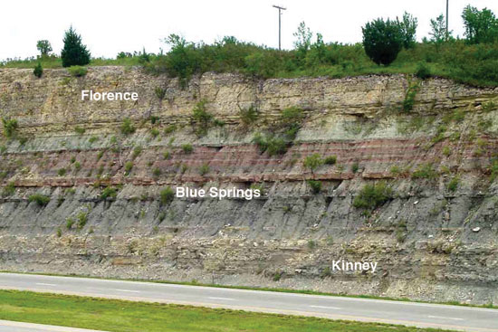 Color photo of roadcut; Florence Ls Mbr of Barneston Ls above Blue Springs and Kinney members of Matfield Sh.