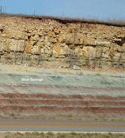 Color photo of roadcut; Florence Ls Mbr of Barneston Ls above Blue Springs Sh Mbr of Matfield Sh.