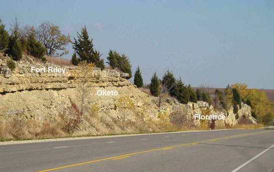 Color photo of roadcut; Fort Riley, Oketo, and Florence members of Barneston Ls.