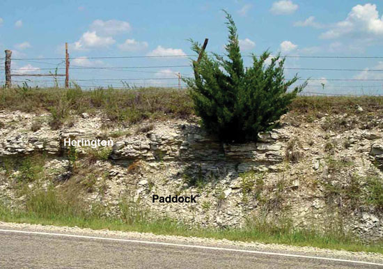 Color photo of roadcut and hillside, Herington and Paddock members of Nolans Ls.