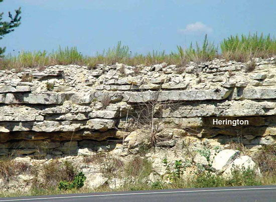 Color photo of roadcut and hillside, Herington Ls Mbr of Nolans Ls.