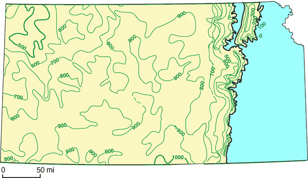 Wolfcampian as thick as 500 feet in NW Kansas, rises to 900 in central and southwest and 1000 feet thick in south-central Kansas.