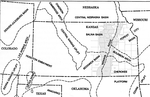 Permian outcrop aligns with Nemaha Ridge, is east of Central Kansas uplift and is between Salina and Forest City basins in north and Sedgwick Basin and Cherokee platform in south.
