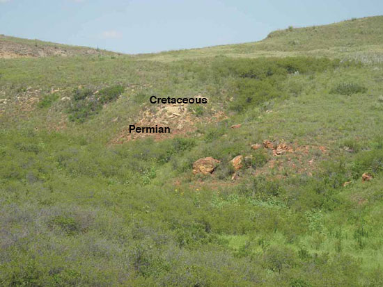 Color photo of Cretaceous-Permian contact on grass- and brush-covered hillside.