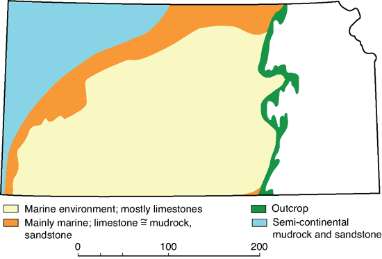 Marine environment for most of Permian in Kansas, trending to semi-continental mudrock and sandstone to northwest and far west.
