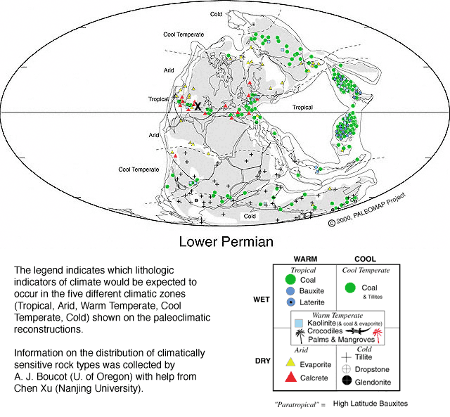 Global paleogeographic map, lower Permian.