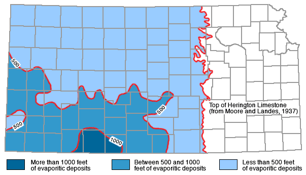 Thickness of over 1000 feet in Clark and Comanche; between 500 and 1000 in rest of southwest Kansas; not present west of line from west Cowley to east Washington.