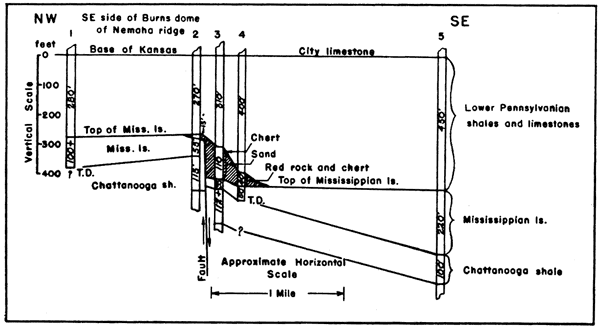 Fault showing in sections created by analysis of 5 wells.