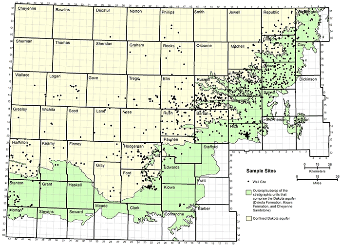 Map of Kansas, wells used to sample Dakota groundwater.