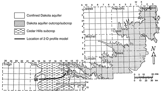 Location of the flow path for the 2-D model on a map of major hydrogeologic zones of the Dakota aquifer in part of central and north-central Kansas.