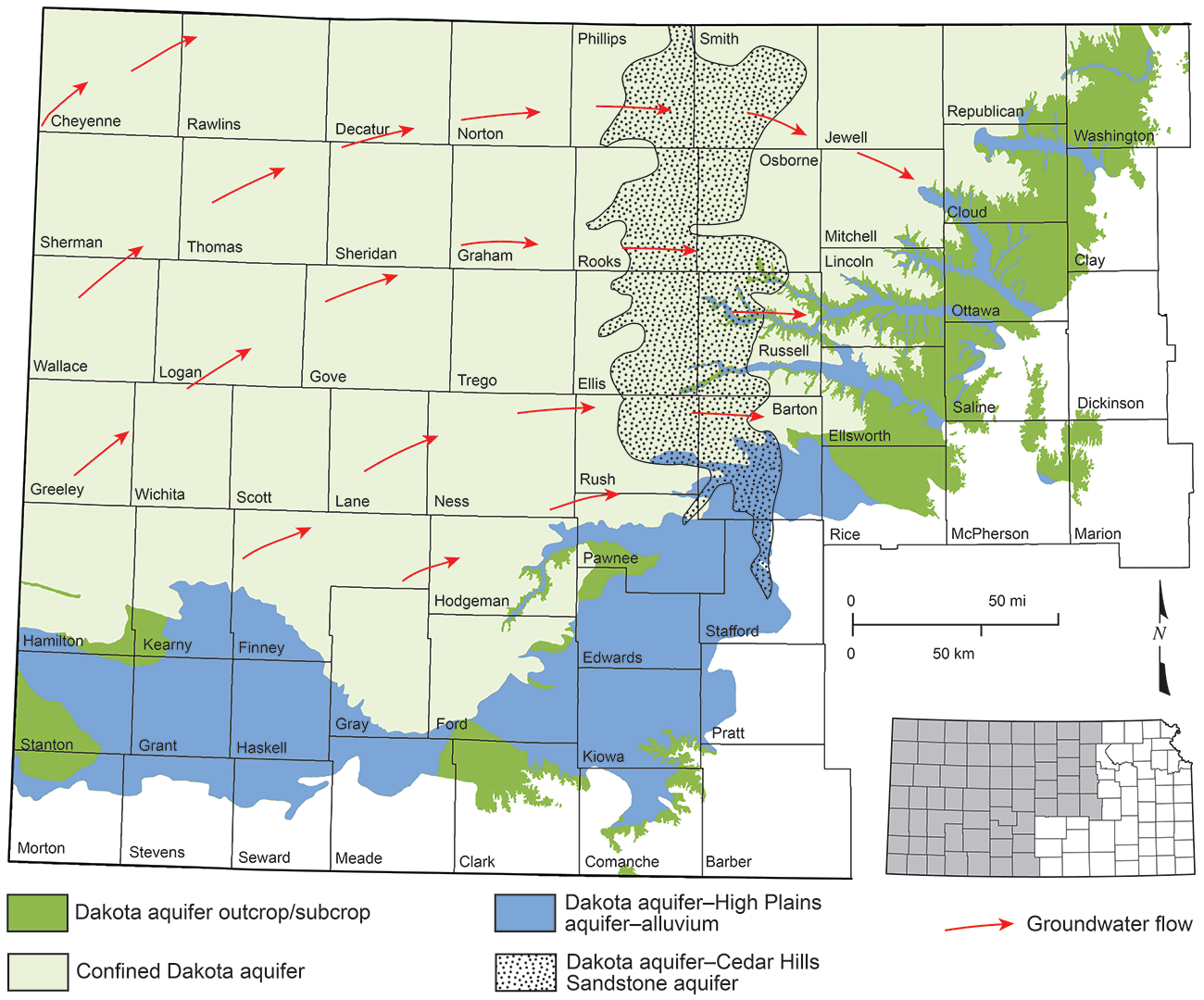 Aquifer present in much of western and central Kansas, ending along a line from Stanton and Morton counties to Kiowa and Comanche, then NE to Washington County.