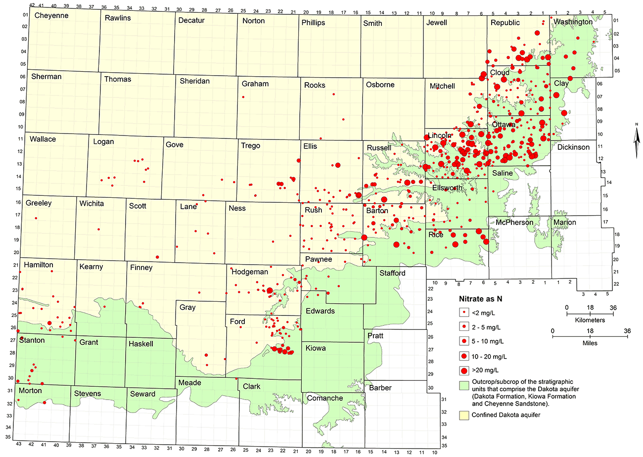 Nitrate concentration in groundwaters at well locations.