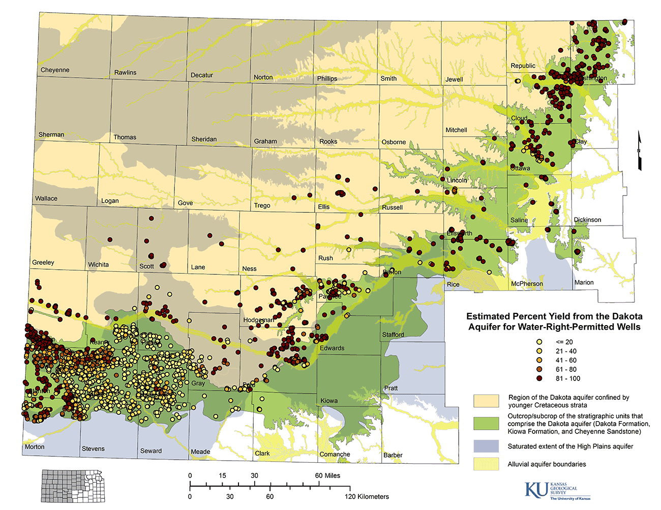 Producing wells generaly found along southern and eastern border of aquifer.