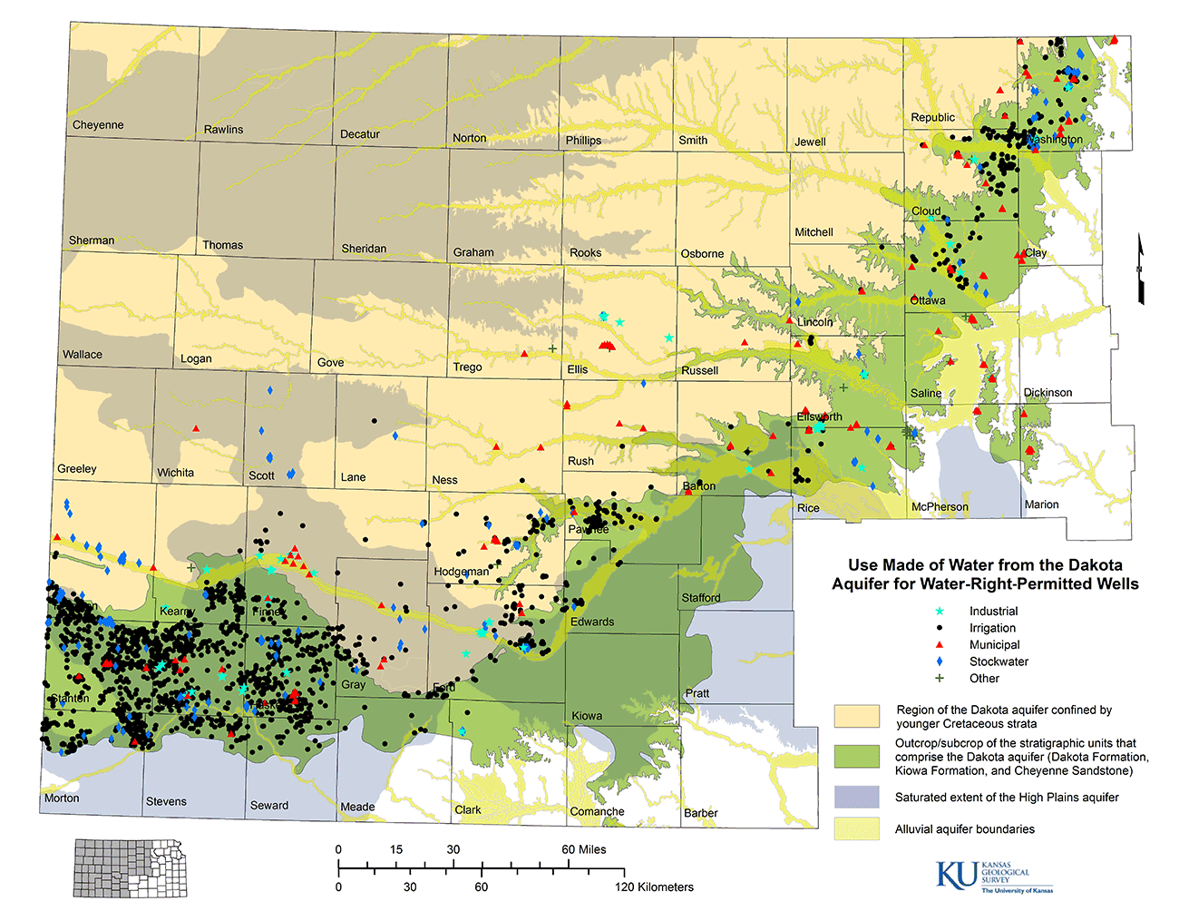 Distribution of water-right-permitted wells that draw part or all of their yield from the Dakota aquifer.