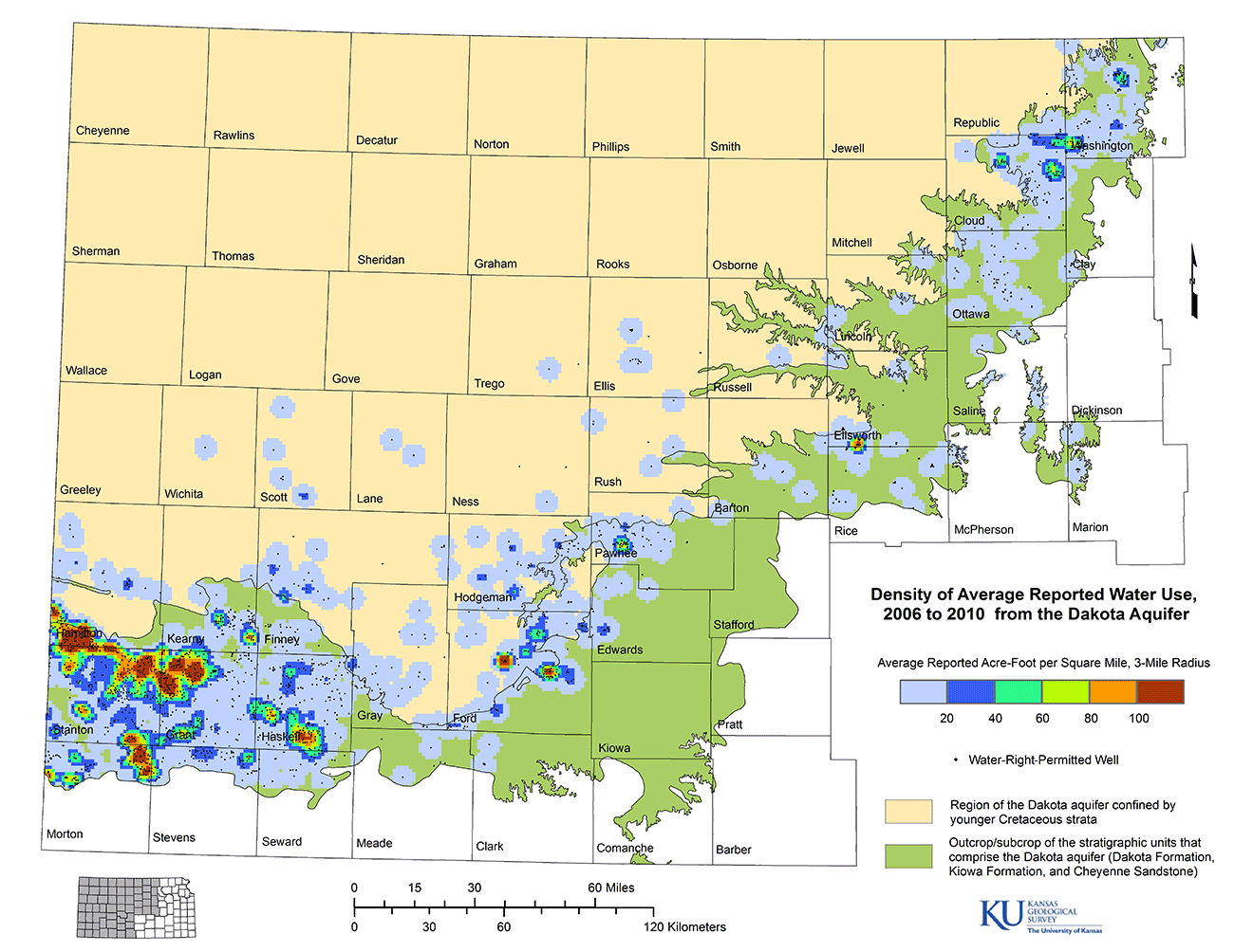 Density of estimated average annual use of groundwater from the Dakota aquifer.