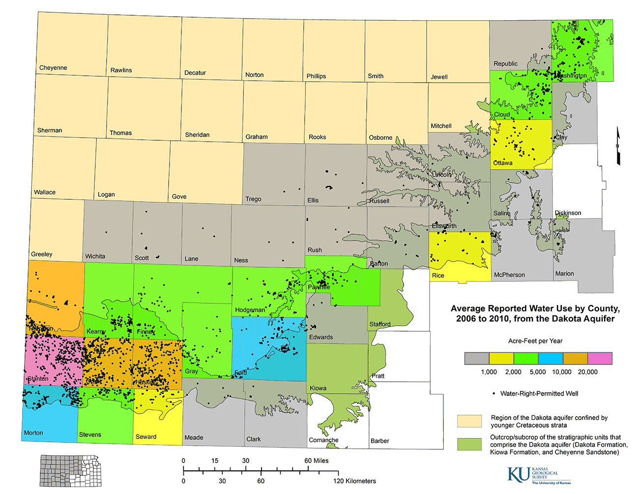 Estimated average annual use of groundwater from the Dakota aquifer by counties.